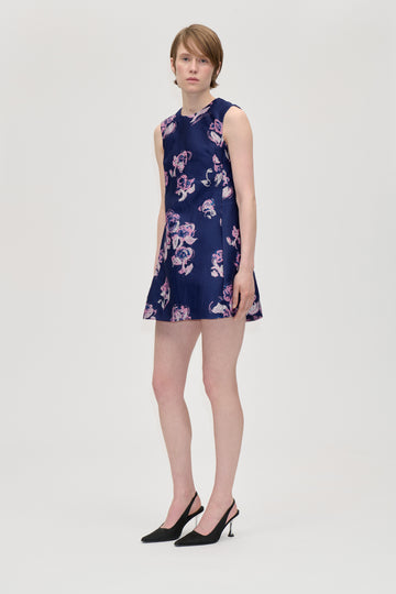 Stine Goya Kick Pleat Mini Dress Dress Blush Roses On Indigo
