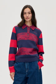 Stine Goya Mix Stripe Polo Collar Sweater Knit Multistripes Red Mix
