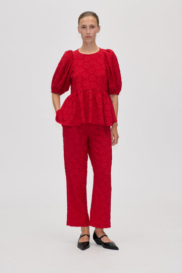 Stine Goya Puff Sleeve Peplum Top Top Red Rose Relief